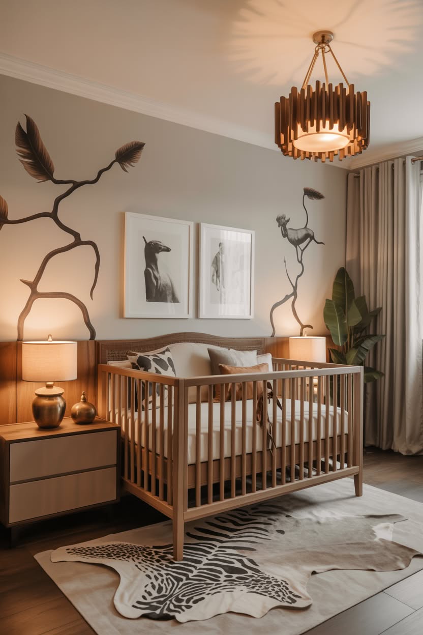 modern baby room with safari theme natural wood crib sculptural branch wall art and animal hide rug