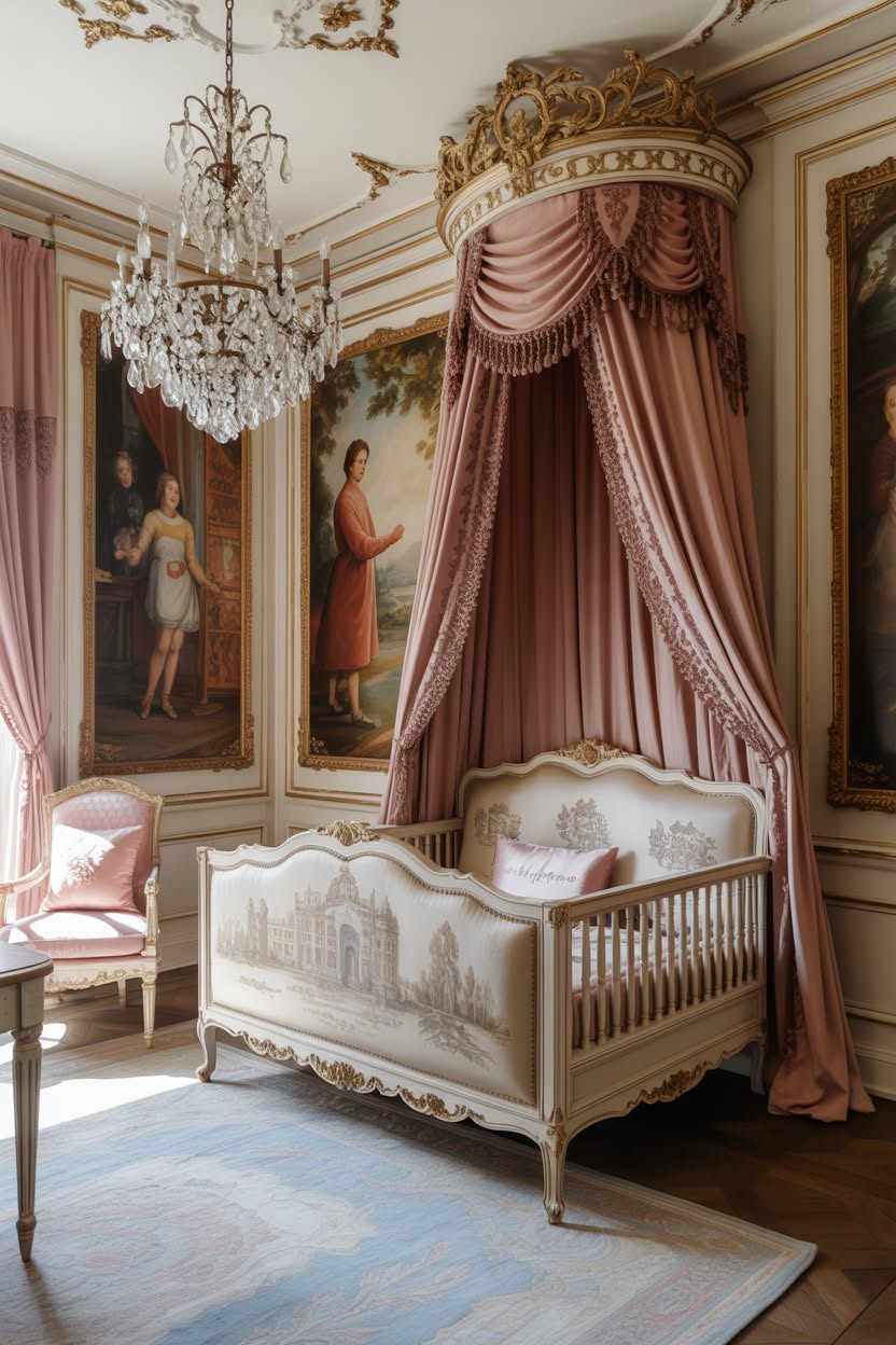sophisticated nursery with blush pink walls gold sunburst mirror tufted crib and crystal chandelier