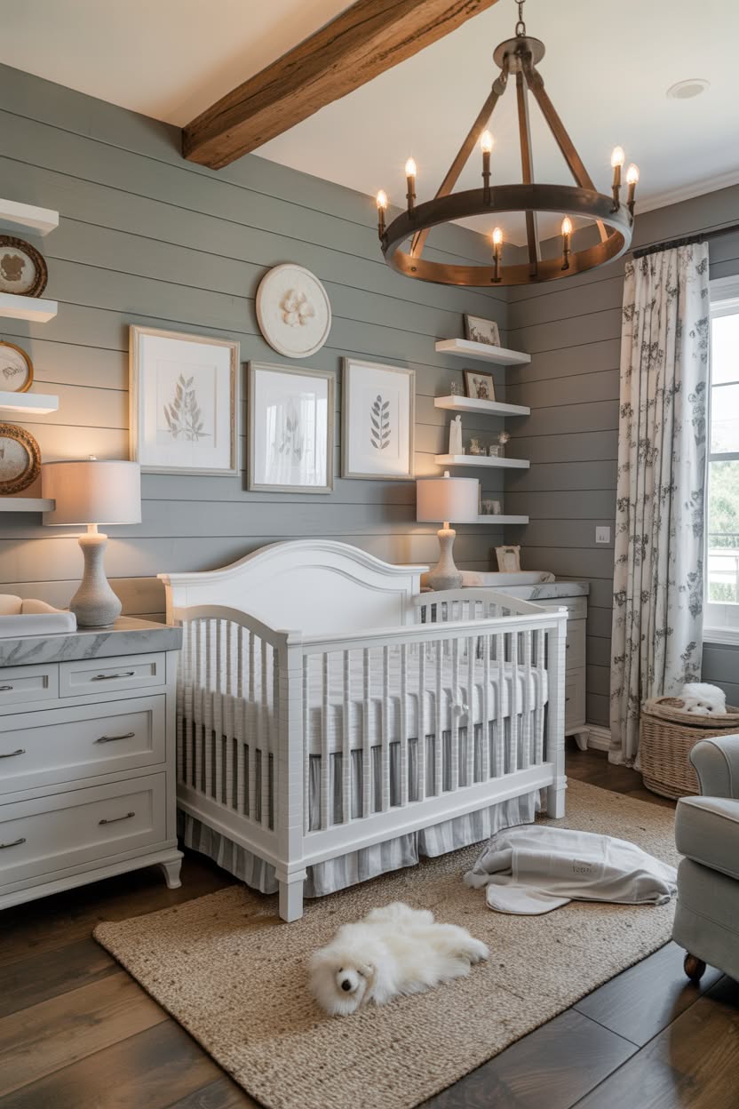 luxury baby crib with floor-to-ceiling white cabinetry marble backsplash and organized changing station