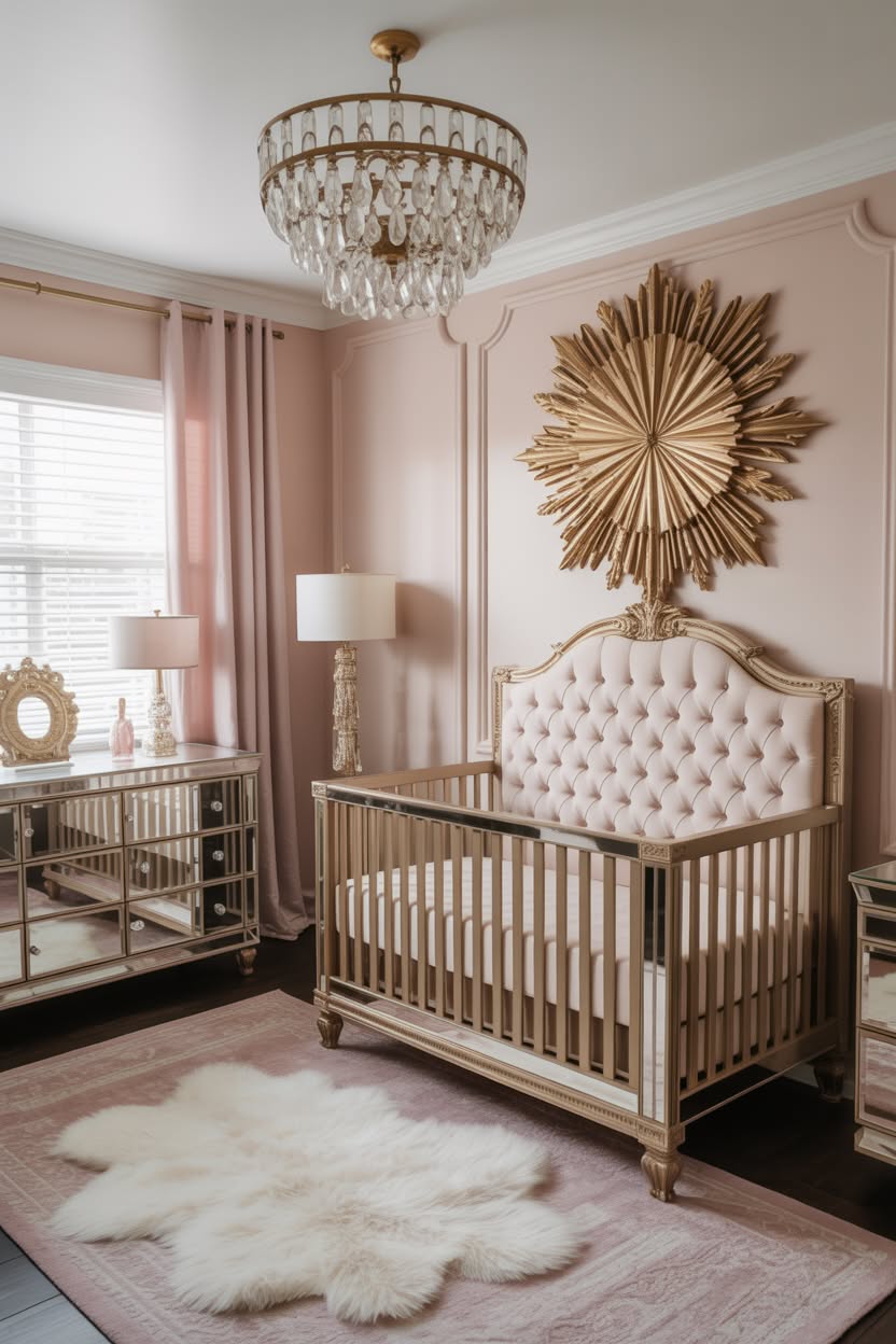 elegant baby nursery with geometric gold wallpaper acrylic and brass crib crystal chandelier and sheepskin rug