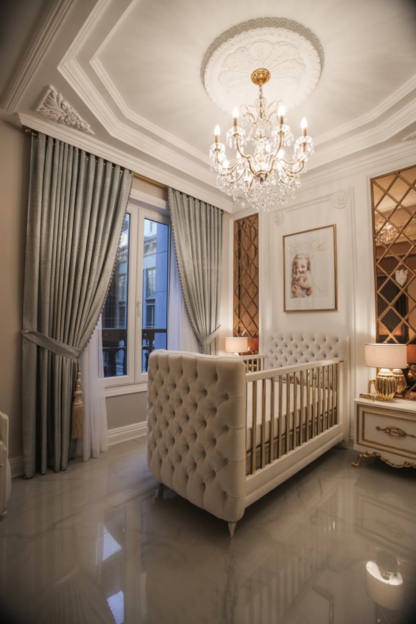 contemporary luxury baby nursery with white and wood crib copper mobile and fixtures herringbone floor and large windows