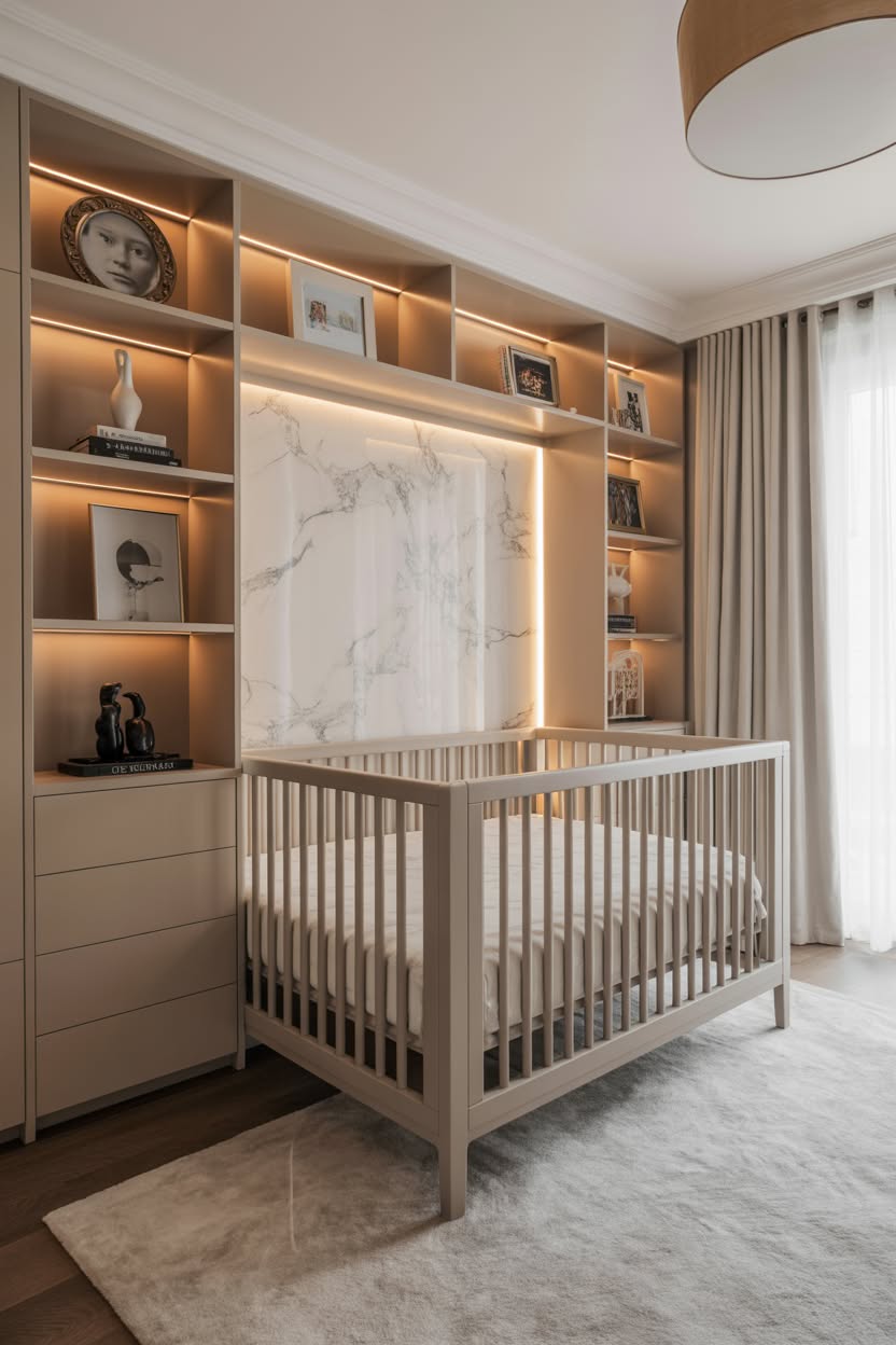 contemporary luxury baby crib with built-in shelving LED strip lighting and marble accent wall