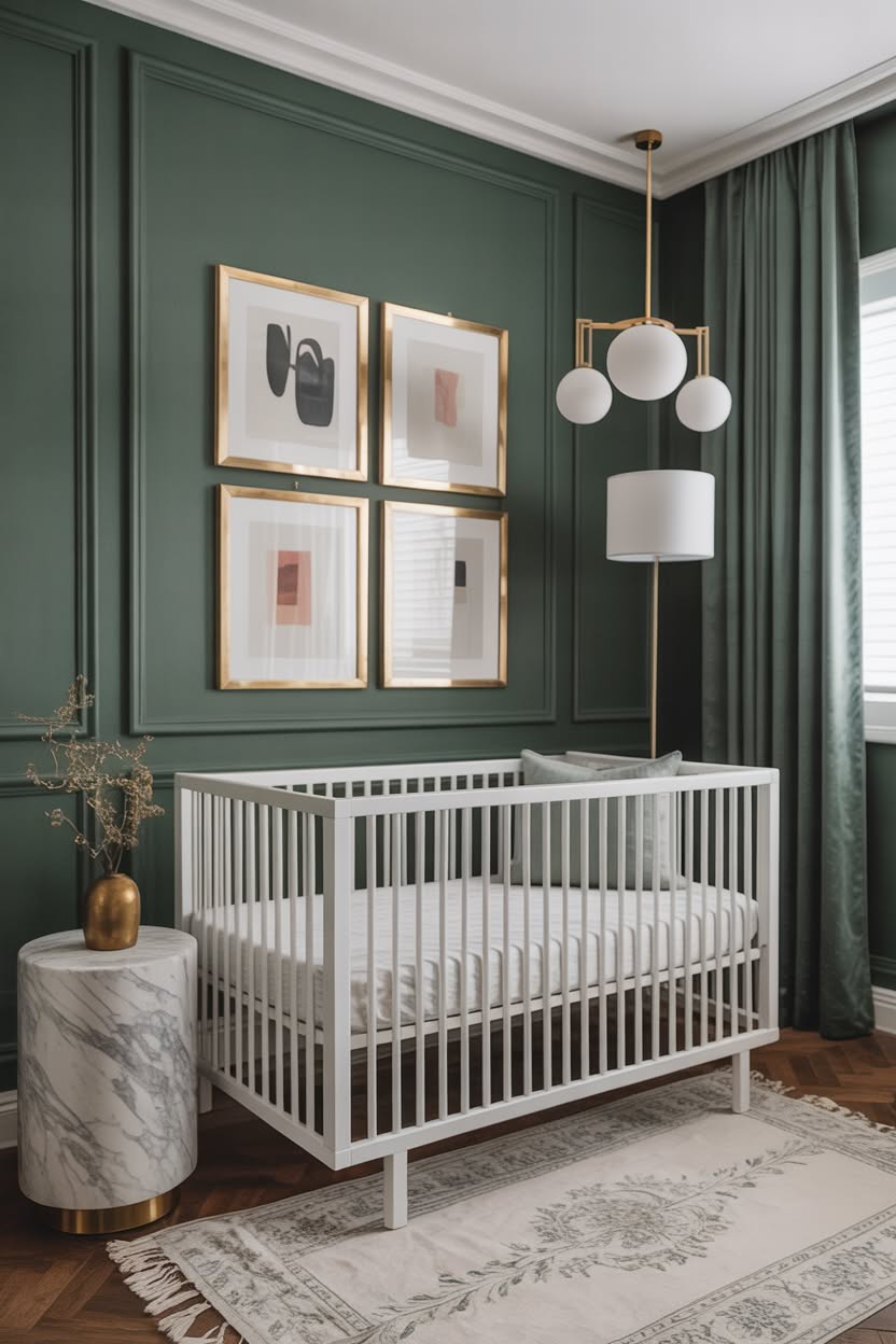 sophisticated nursery with deep green paneled walls gold framed artwork and modern globe chandelier