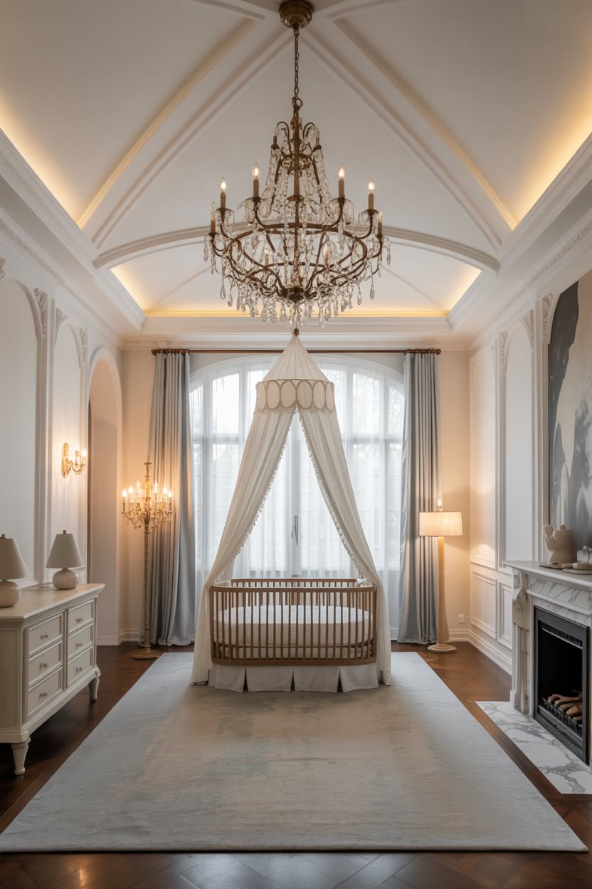 royal nursery with vaulted cathedral ceiling ornate crystal chandelier canopy crib and fireplace