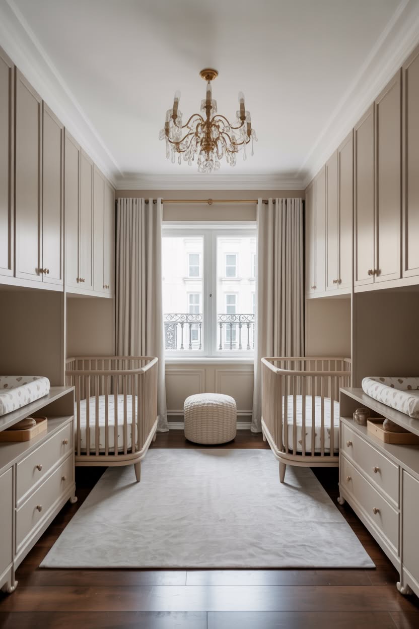twin luxury baby nursery with matching oval cribs floor-to-ceiling cabinetry and crystal chandelier