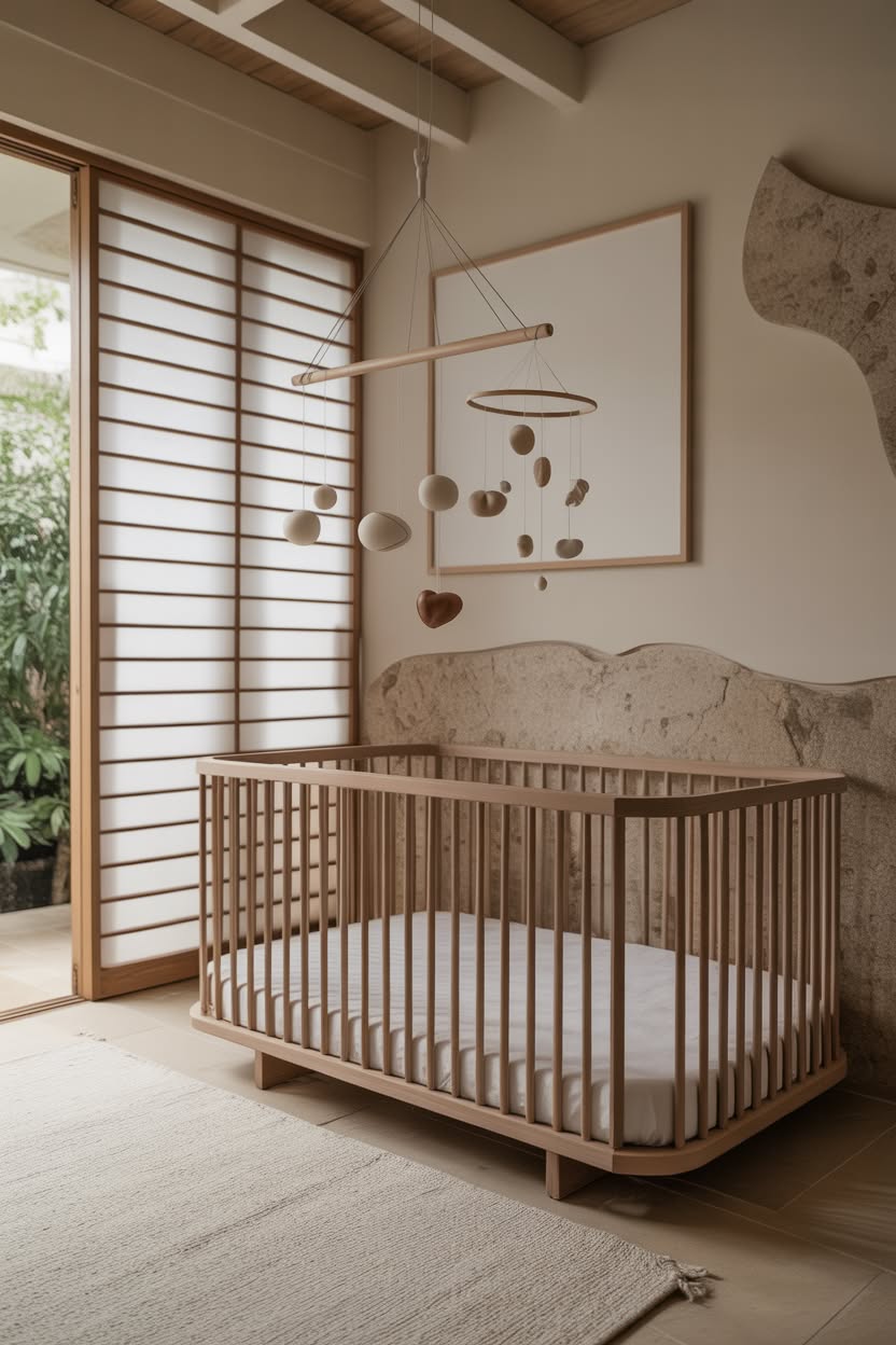 zen modern baby room with shoji screen doors natural wood crib sculptural mobile and organic textures