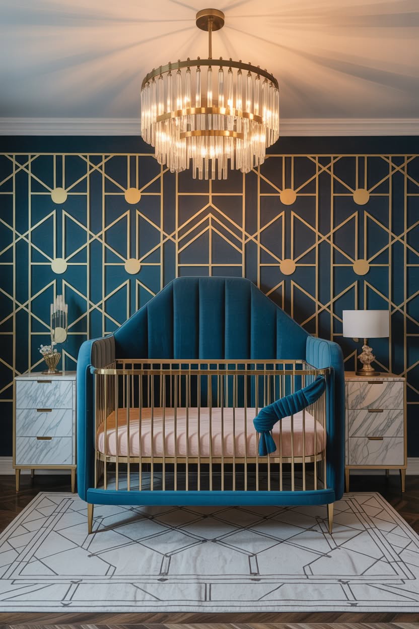 art deco luxury baby crib with geometric gold wallpaper tiered crystal chandelier and velvet upholstered headboard