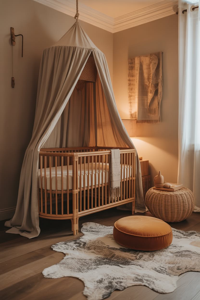 bohemian luxury baby nursery with flowing canopy natural rattan crib cowhide rug and warm lighting