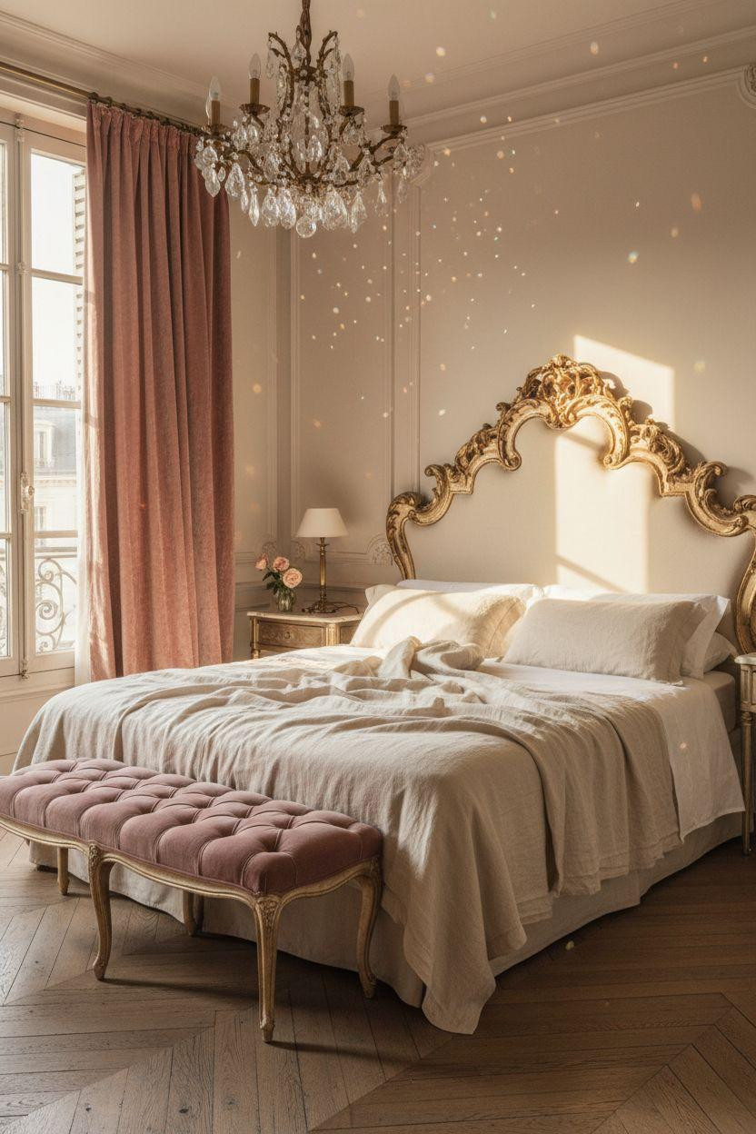 Boutique hotel bedroom Ideas - ornate headboard with gilded detailing