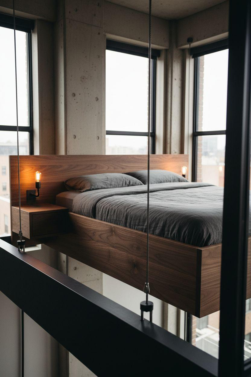 modern loft bed Ideas - walnut with steel cables