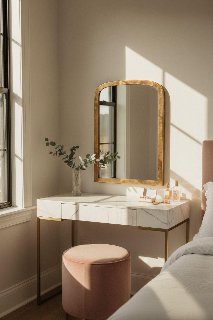 Vanity Ideas Bedroom - sunlit vanity desk with beveled brass mirror