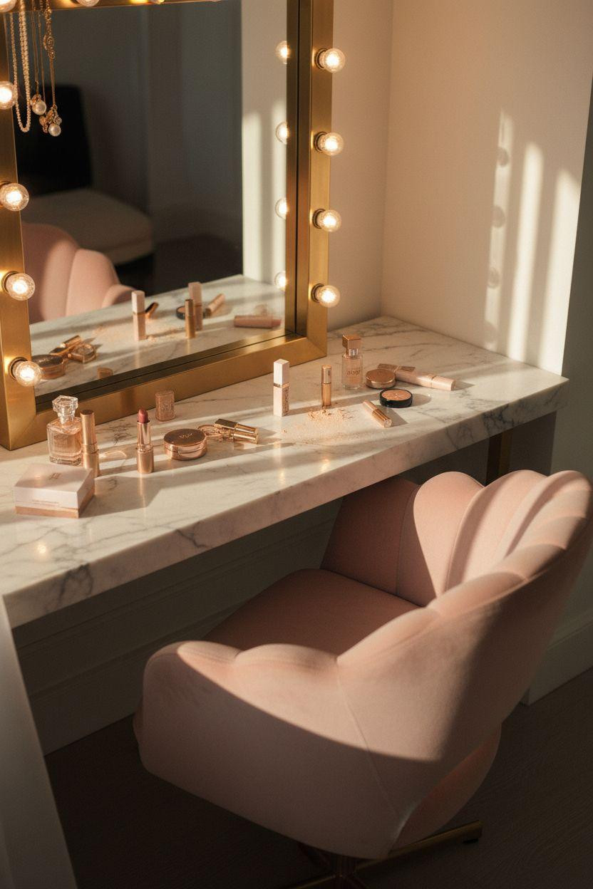 Vanity Ideas Bedroom - Hollywood mirror vanity with marble countertop