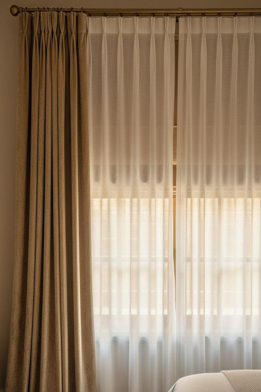 Boutique hotel bedroom Ideas - layered sheer and velvet drapery