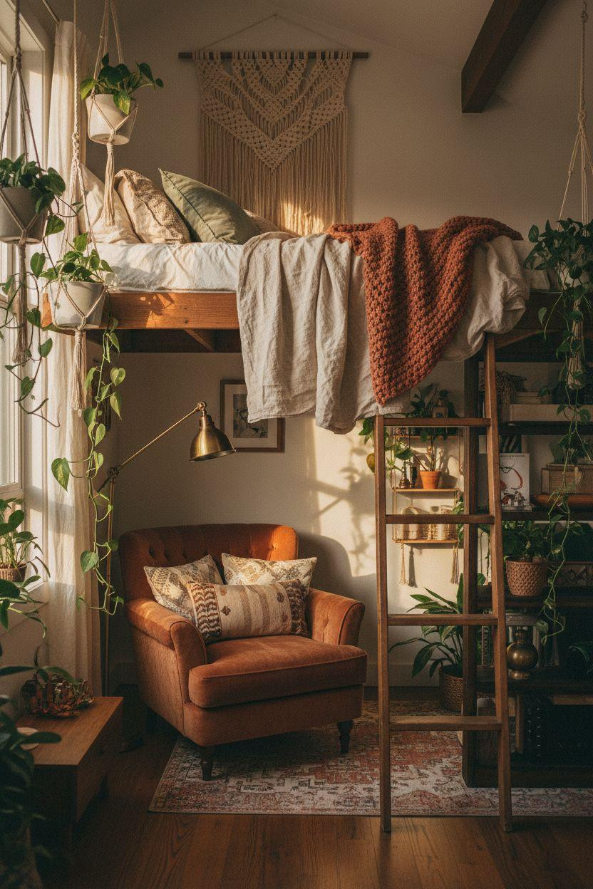 Loft Bed Decorating Ideas - maximalist loft bedroom with layered decor