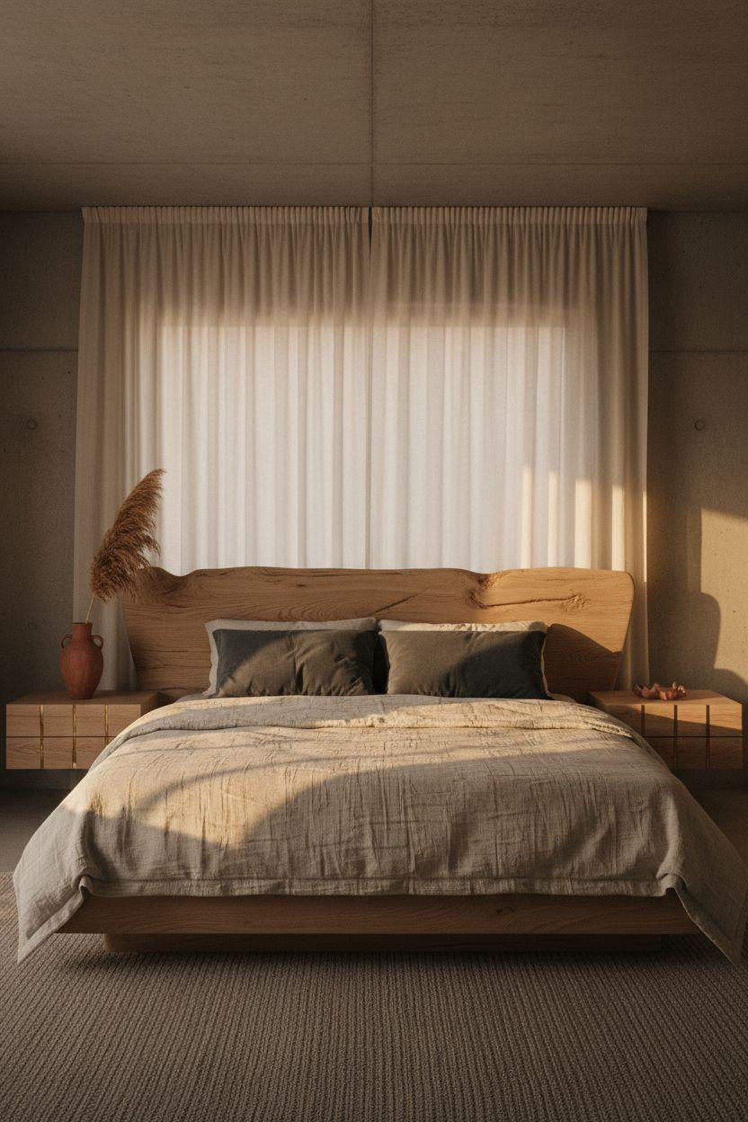 Boutique hotel bedroom Ideas - sculptural linen headboard at dusk