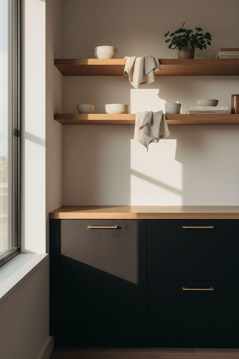 japandi kitchen design with bold black cabinet accents