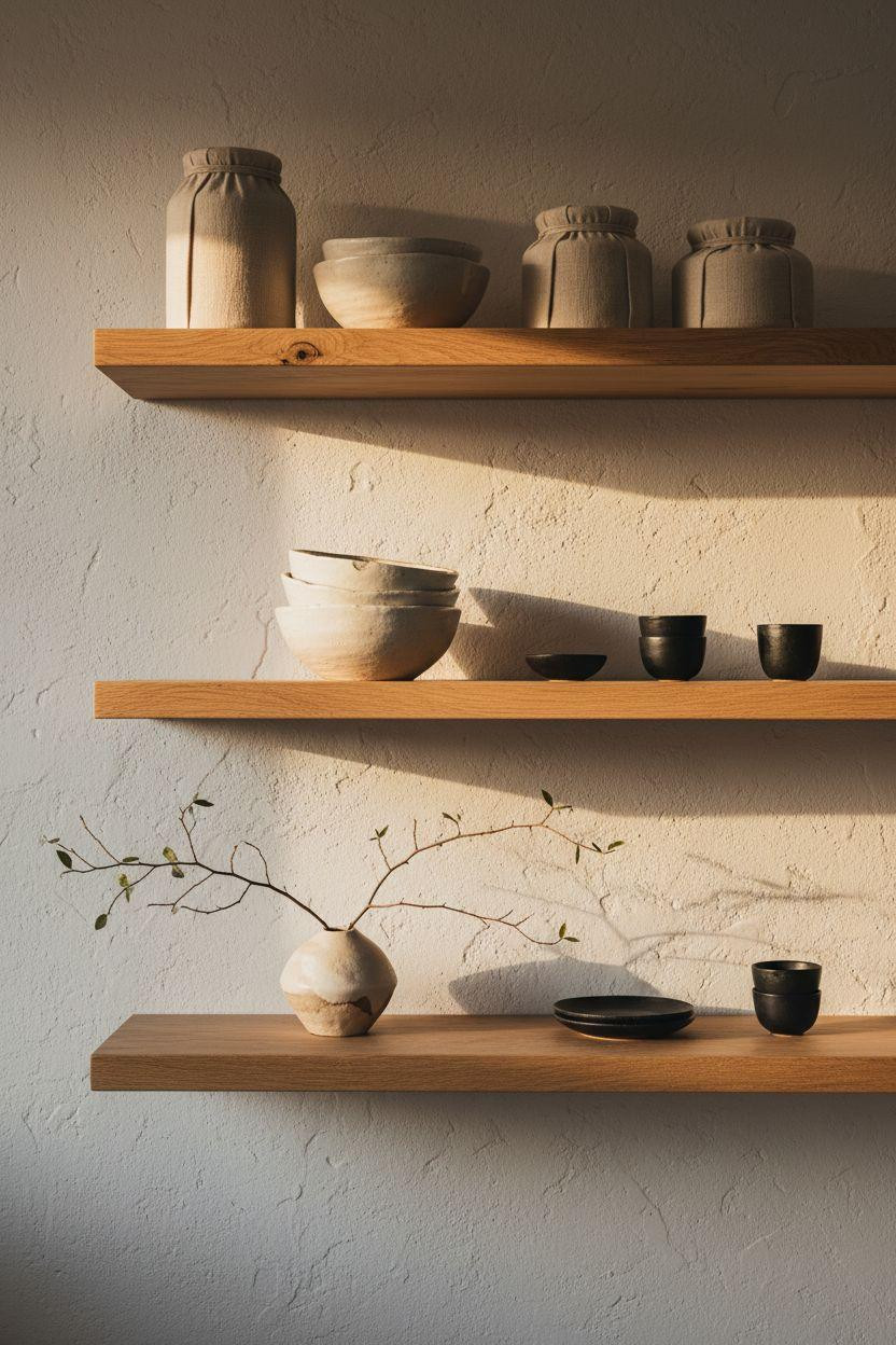 japandi kitchen design with open shelving and ikebana