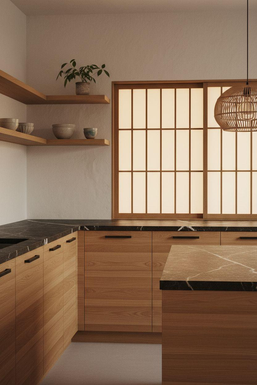 japandi kitchen design with shoji sliding panels