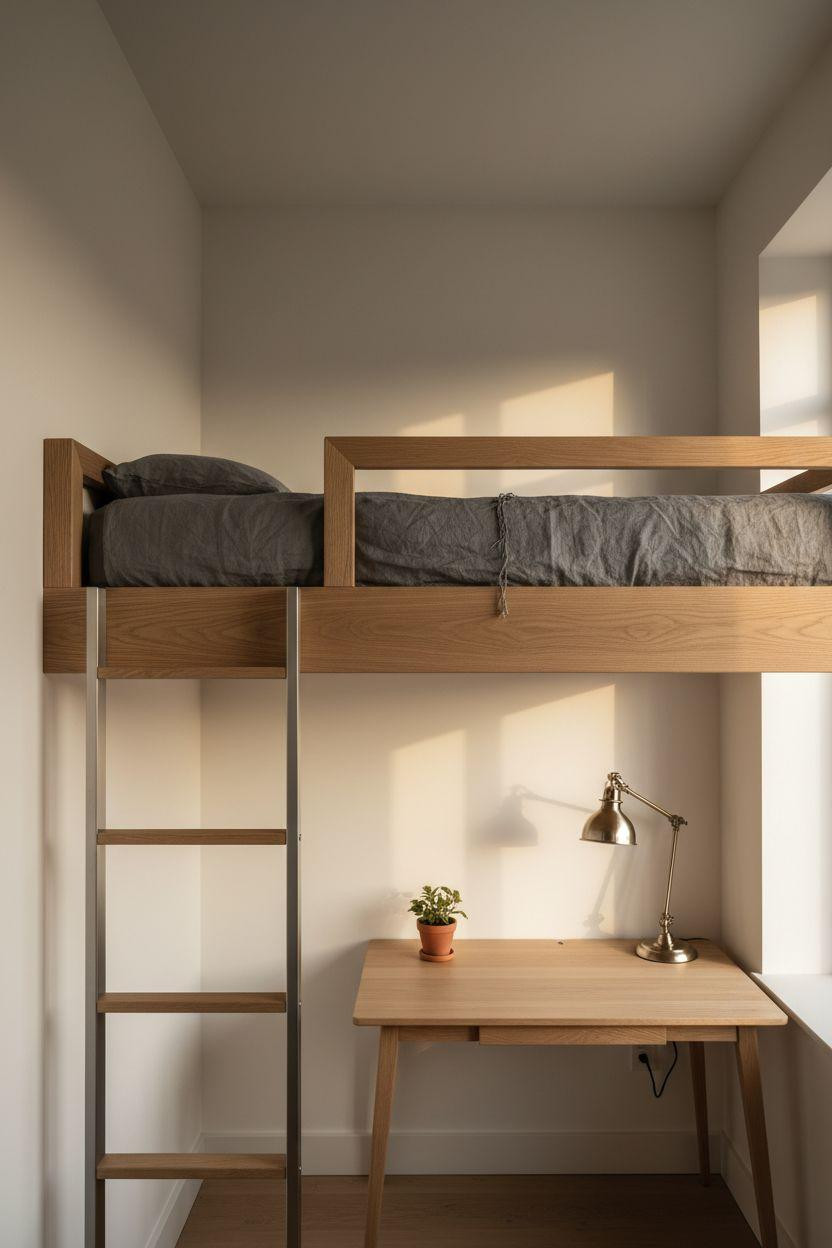 minimalist small room loft with blonde oak frame and charcoal bedding in scandinavian style