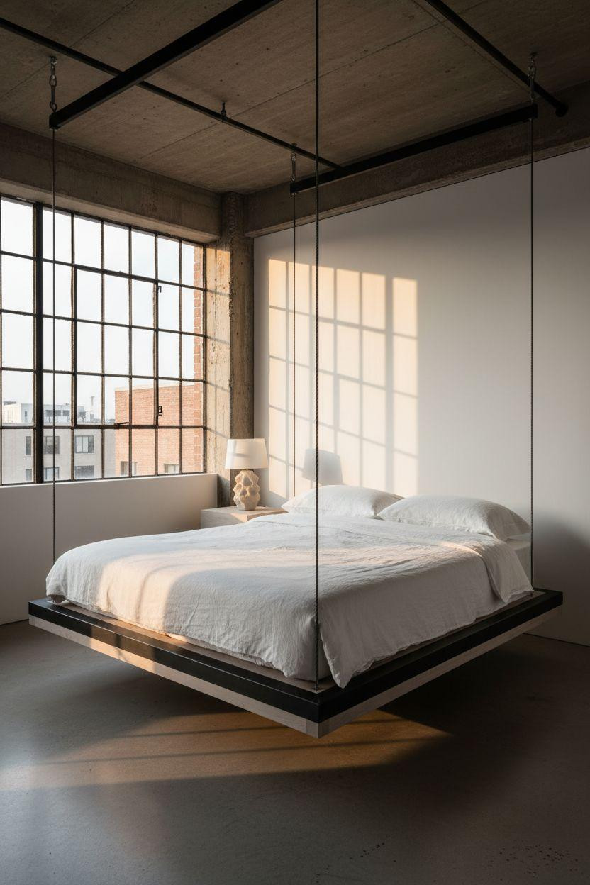 Loft Bed Decorating Ideas - minimalist suspended platform bed with steel cables