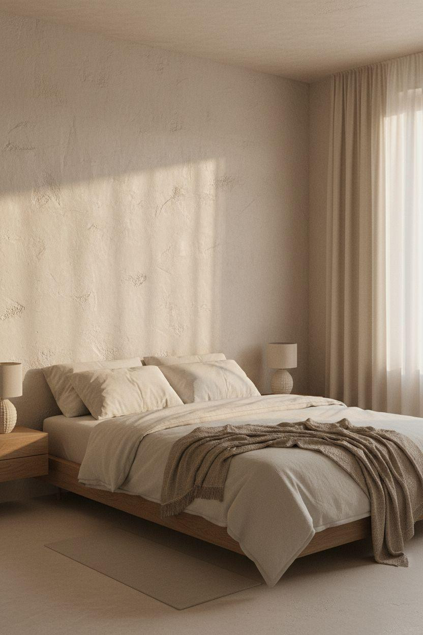 Neutral Bedroom Decor - minimalist bedroom with platform bed and textured walls
