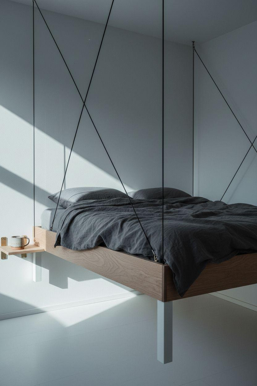 modern loft bed Ideas - birch plywood suspended with steel cables