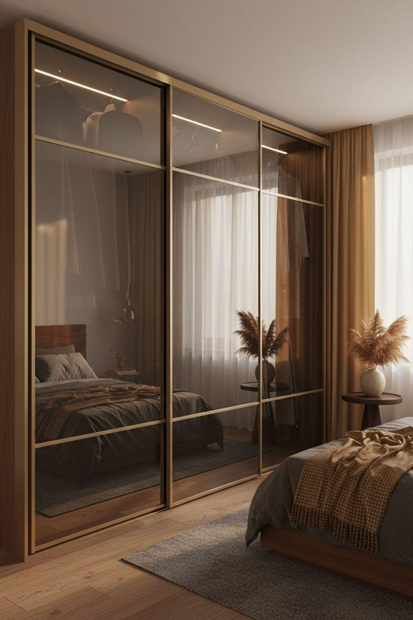 Sliding Wardrobe Design Bedroom Ideas - mirrored panels with champagne frames