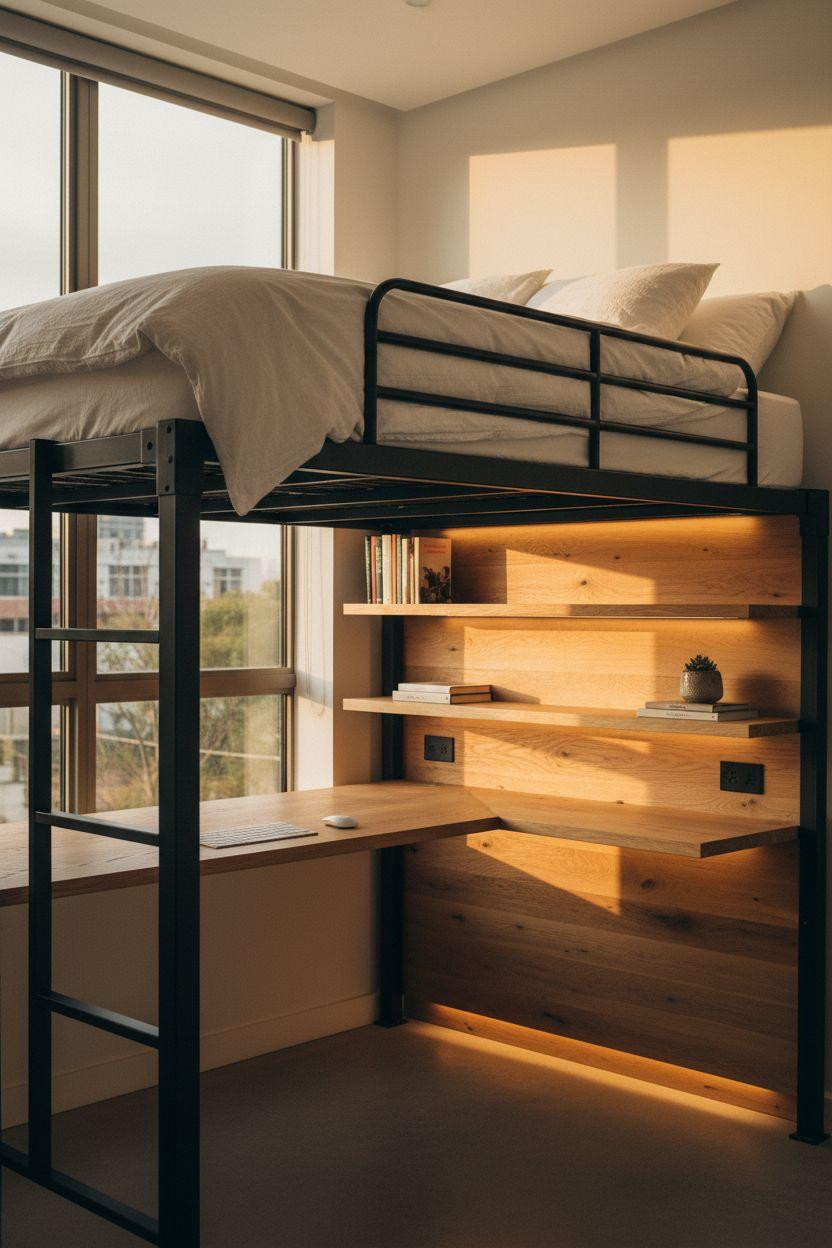 cool loft beds with matte black steel frame and oak platforms with LED lighting underneath