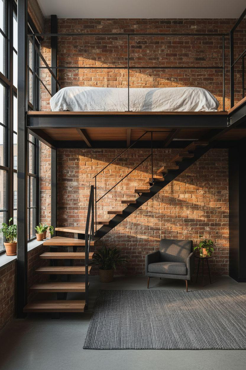 Loft Bed Decorating Ideas - modern industrial loft with exposed brick and steel frame