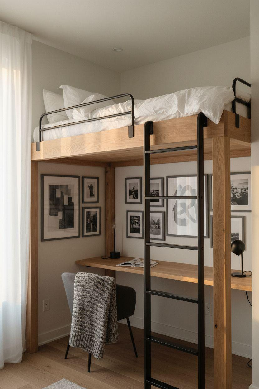 loft bed bedroom ideas with natural ash wood frame and matte black ladder in compact urban room