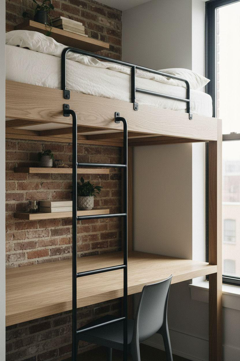 modern loft bed Ideas - light oak wood frame in small bedroom