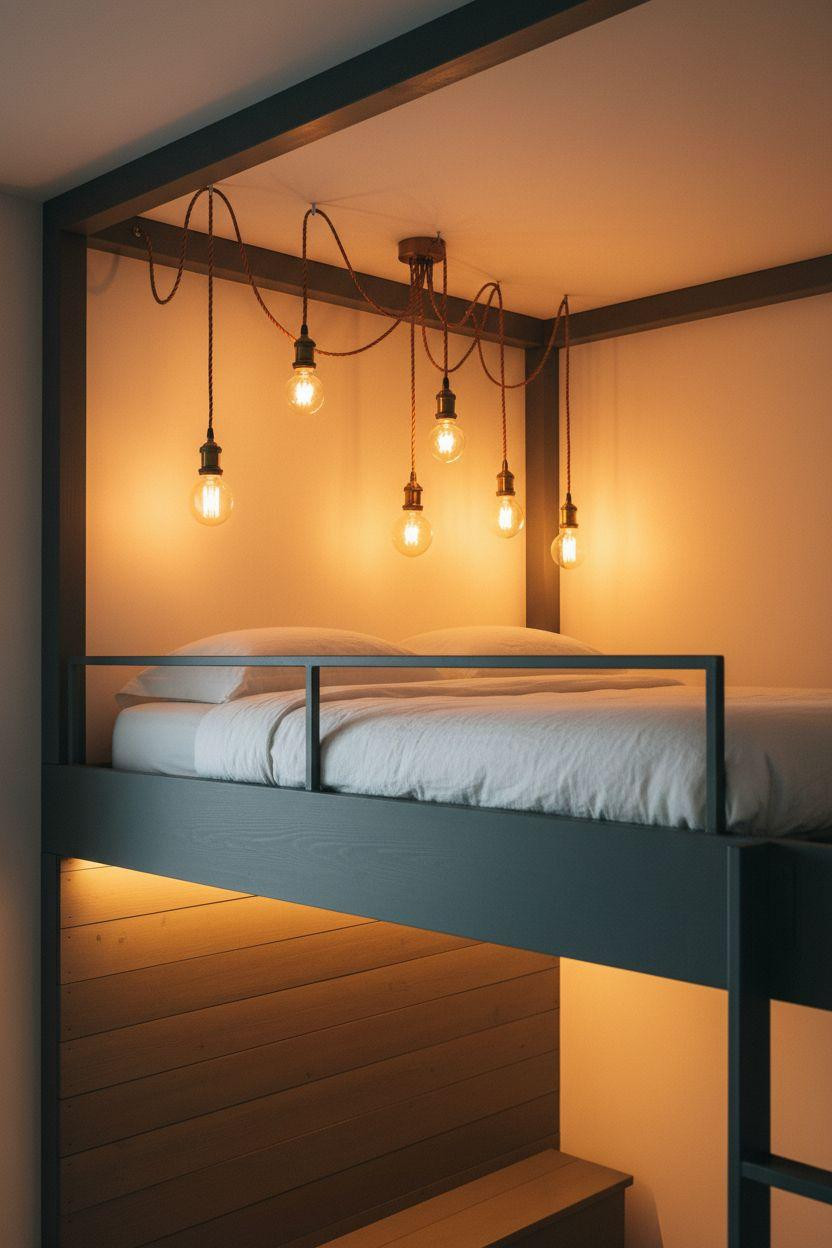 modern loft bed Ideas - LED strips with Edison pendants