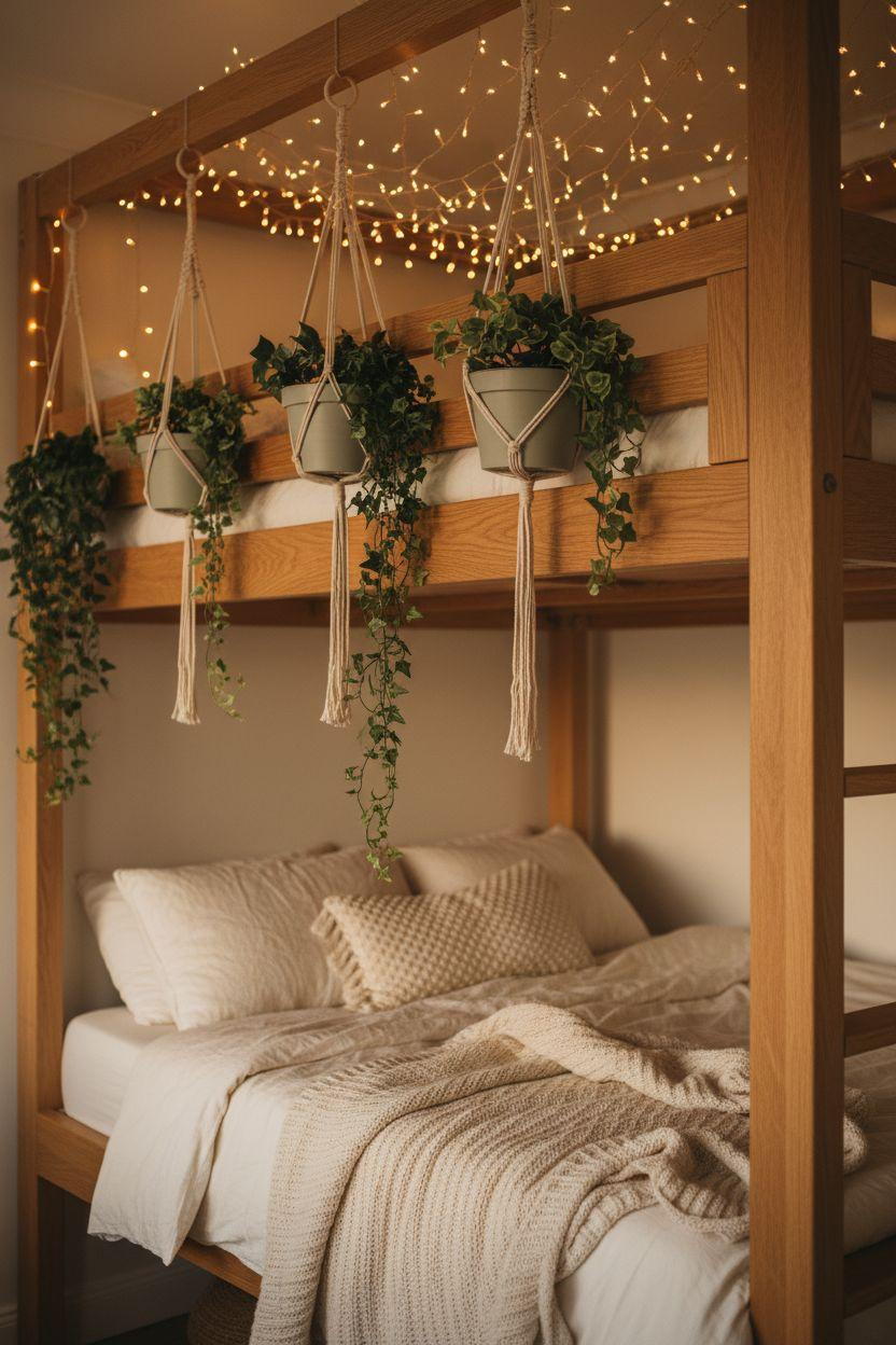 Loft Bed Decorating Ideas - modern oak loft bed with fairy lights and hanging plants