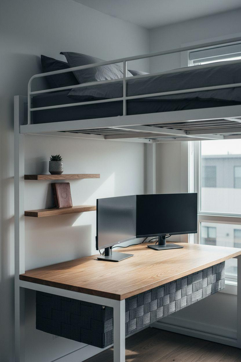 modern loft bed Ideas - white steel with oak desk