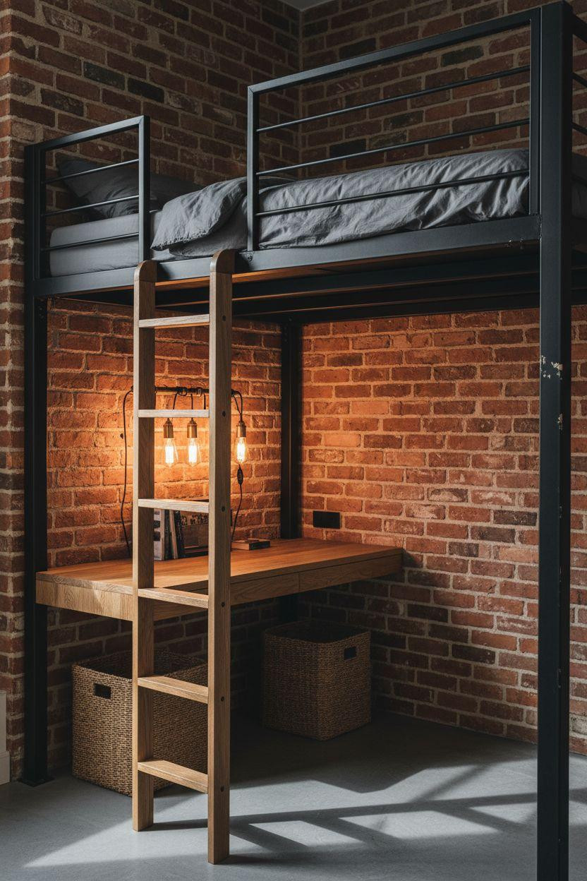 modern loft bed Ideas - steel frame with oak ladder and brick wall