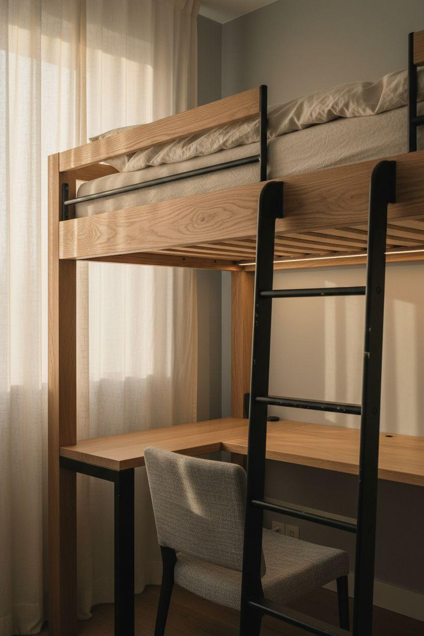 loft bed with desk underneath featuring white oak frame and matte black metal ladder