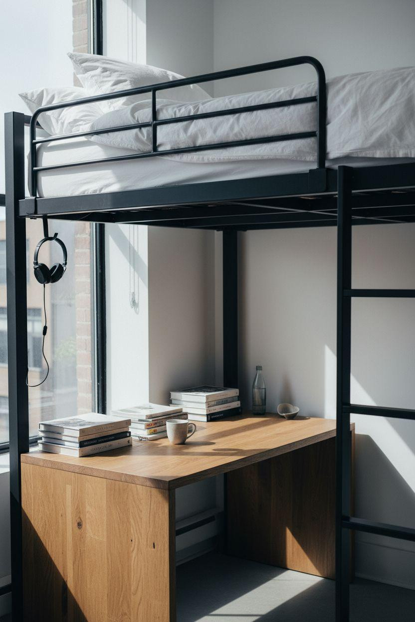 modern loft bed Ideas - black steel with oak desk surface