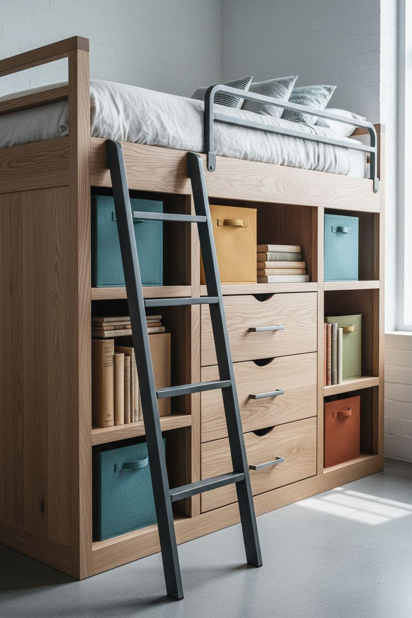 modern loft bed Ideas - oak with drawers and shelving
