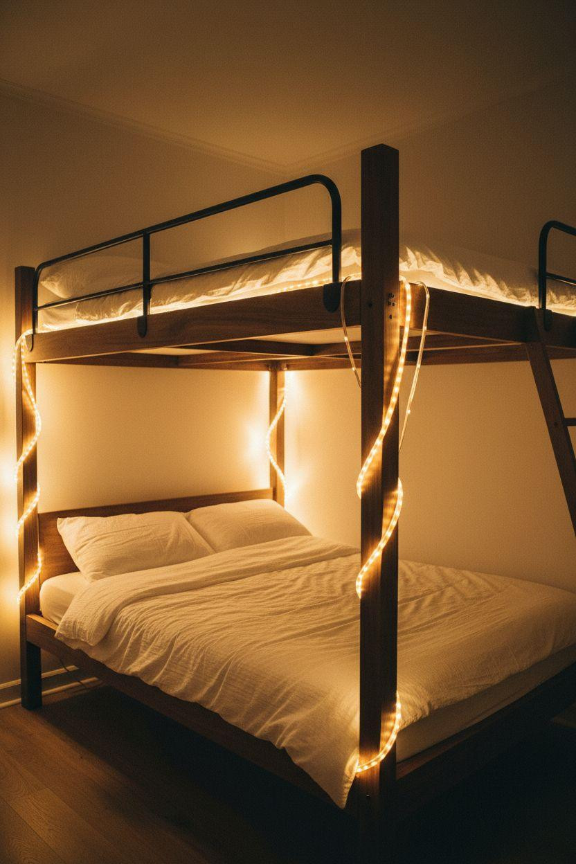 Loft Bed Decorating Ideas - modern walnut loft bed with LED strip lighting