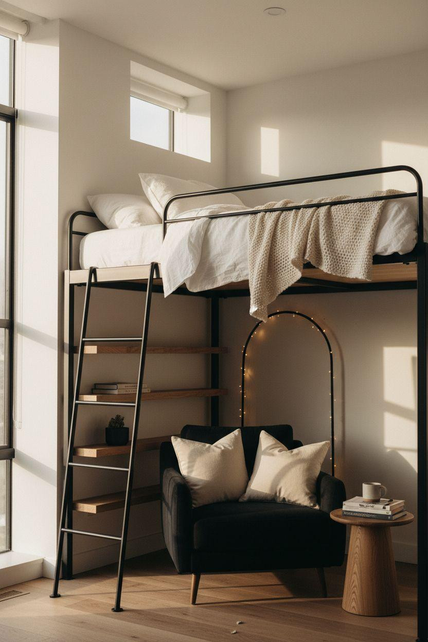 Loft Bed Decorating Ideas - sophisticated steel loft bed layout in modern studio