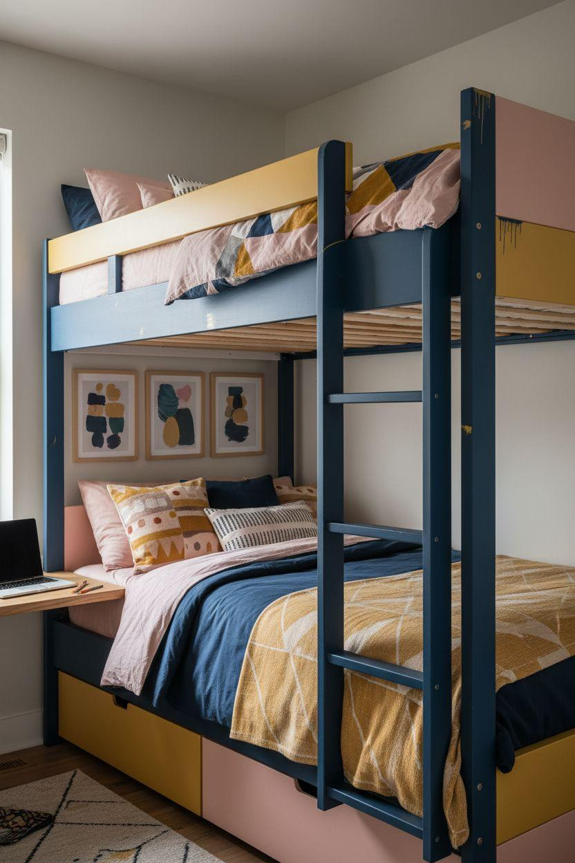 Loft Bed Decorating Ideas - bold navy, mustard, and blush loft bed color scheme