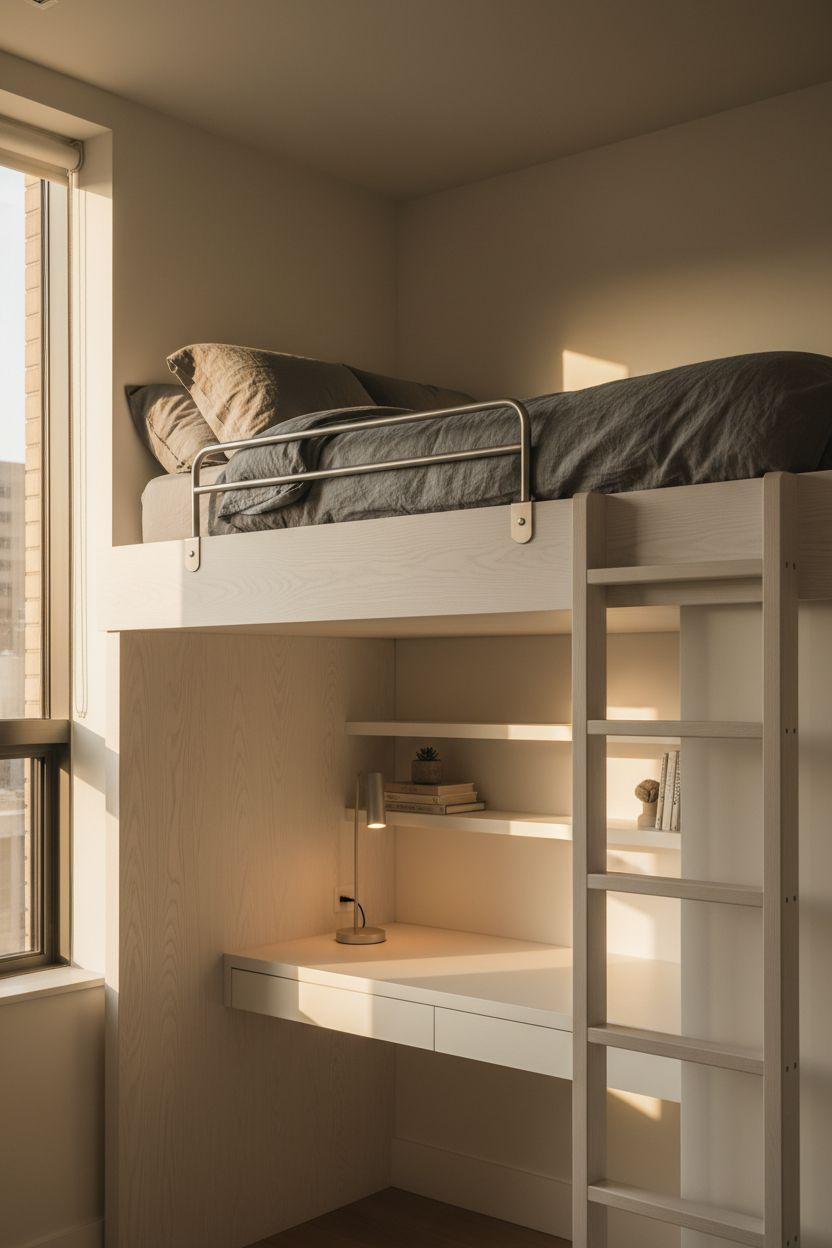 loft bed ideas for small rooms space saving with white oak frame and built-in desk below