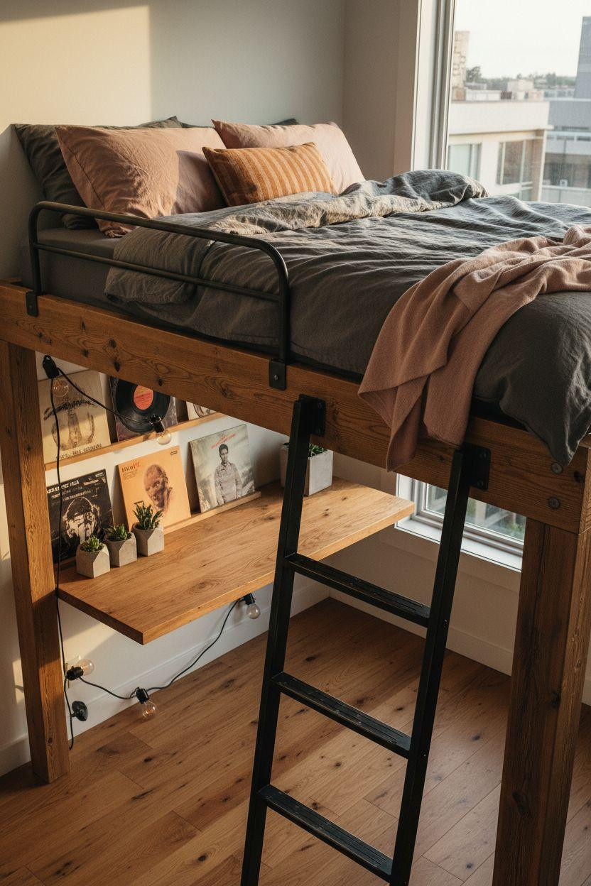 Loft Bed Decorating Ideas - industrial teen loft bed with Edison bulbs and vinyl art