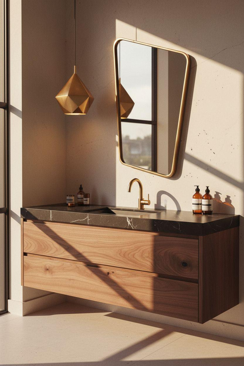 Vanity Ideas Bedroom - floating walnut vanity with matte black marble