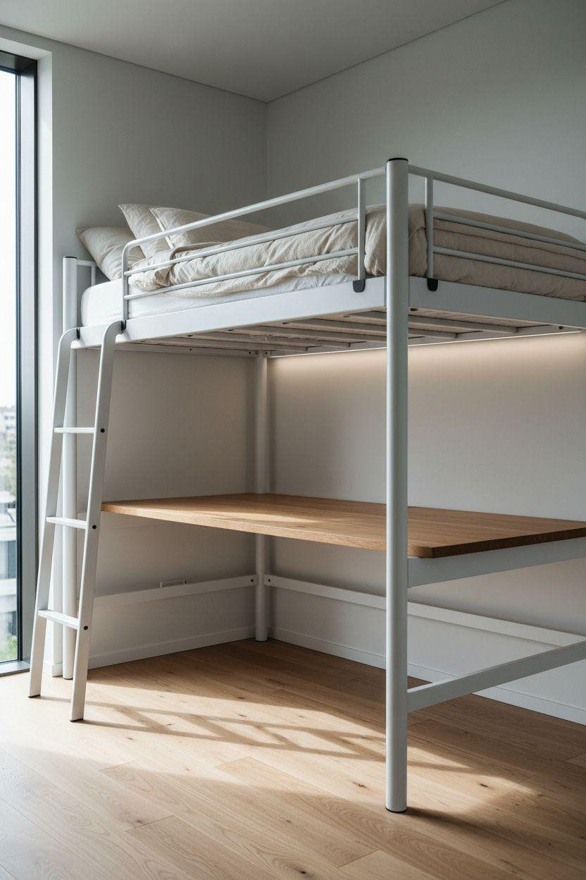 modern loft bed Ideas - white steel with oak desk