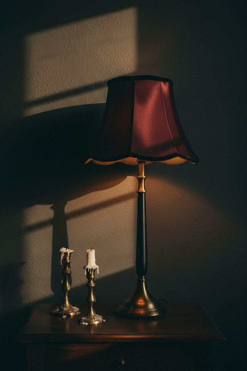 Dark feminine bedroom nightstand with moody lighting