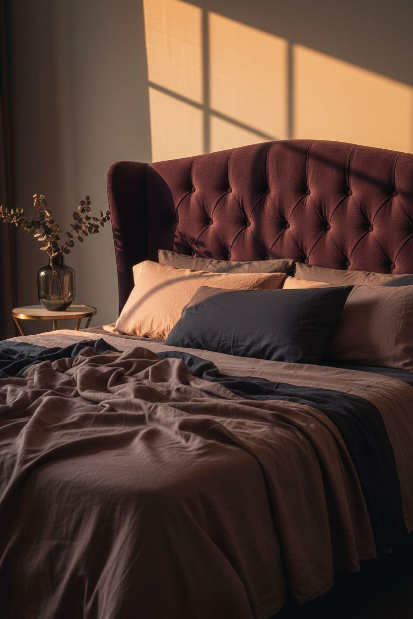 Dark feminine bedroom with moody plum velvet bed