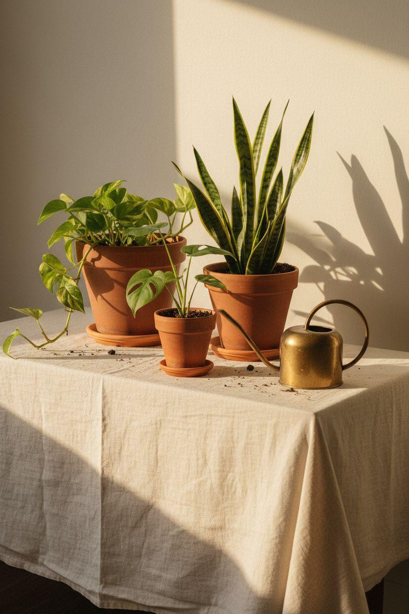 Neutral Bedroom Decor - neutral plant styling with terracotta pots