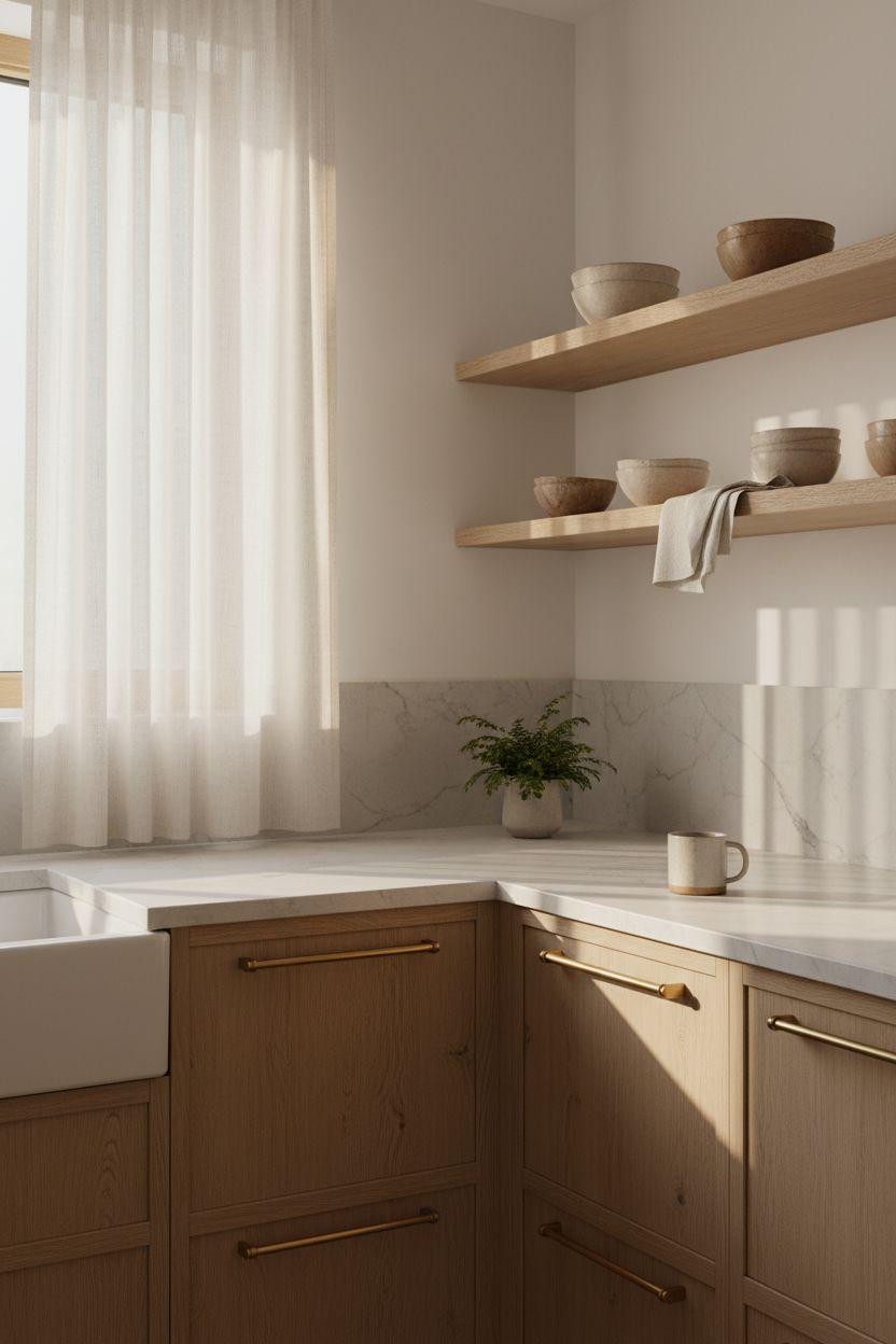 japandi kitchen design nordic style with brass hardware