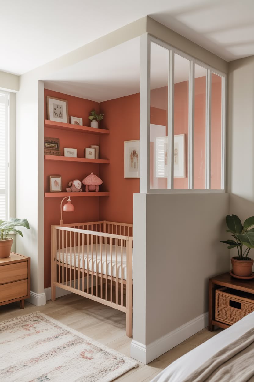 Modern nursery nook with coral painted walls, wooden crib, and sleek glass partition creating a separate baby zone in master bedroom